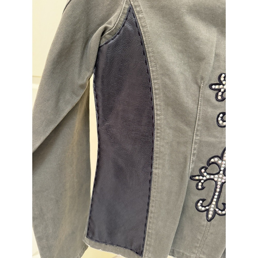 Jaded by Knight Green Military-style Blazer Jacket with Leather & Crystals  Sz M - Picture 7 of 10